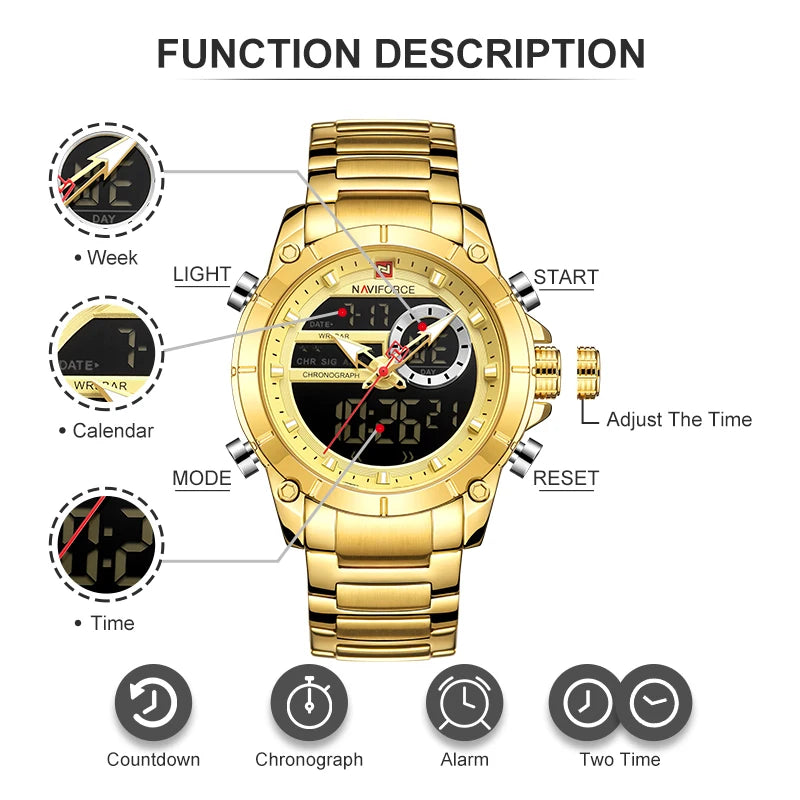 Reloj Hombre NAVIFORCE NF9163 – Acero Inoxidable, Dual Display, Deportivo Elegante