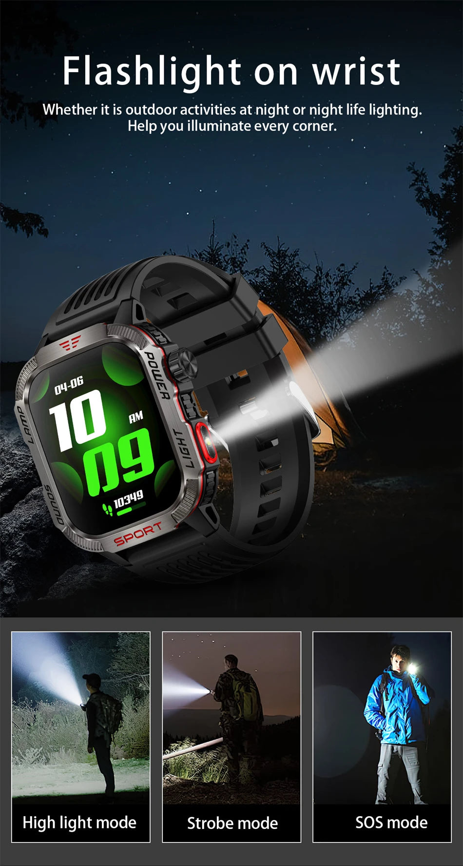 Smartwatch Deportivo Militar con Linterna y Llamadas Bluetooth – Batería 600mAh y Diseño Resistente