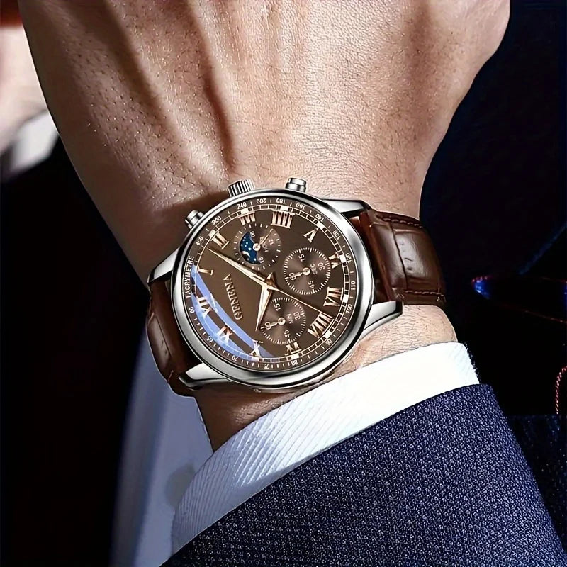 Reloj Hombre Geneva Clásico – Correa de Cuero, Diseño Elegante con Números Romanos