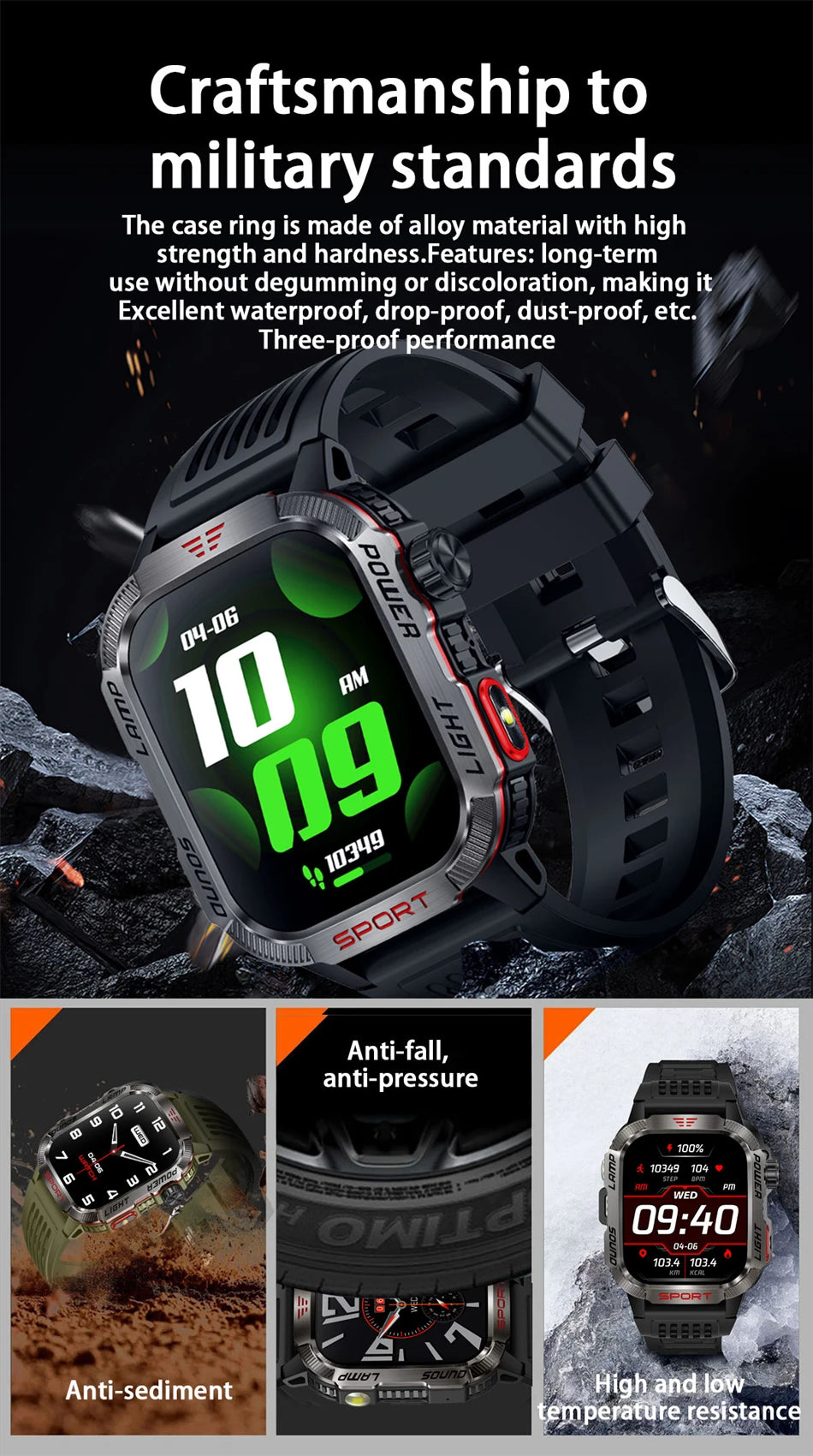 Smartwatch Deportivo Militar con Linterna y Llamadas Bluetooth – Batería 600mAh y Diseño Resistente