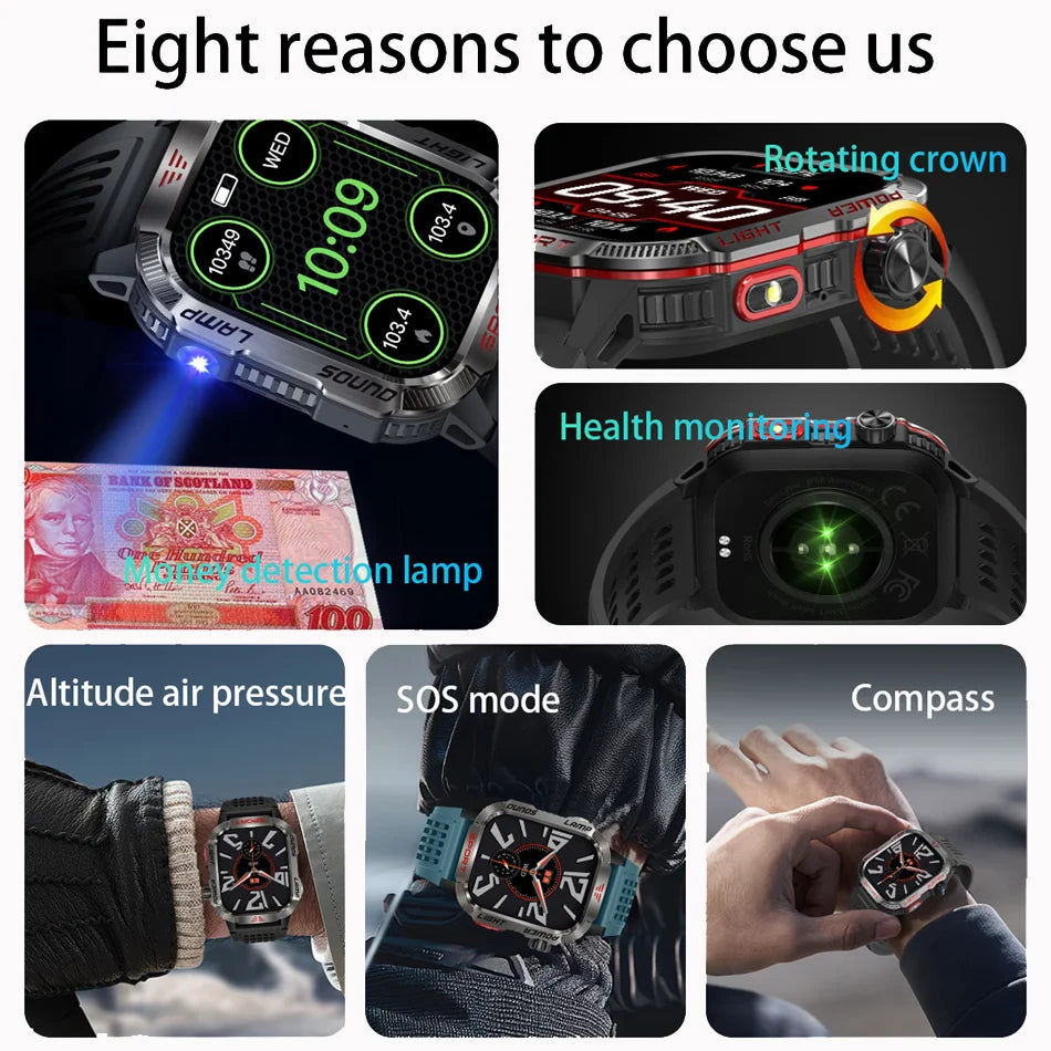 Smartwatch Deportivo Militar con Linterna y Llamadas Bluetooth – Batería 600mAh y Diseño Resistente