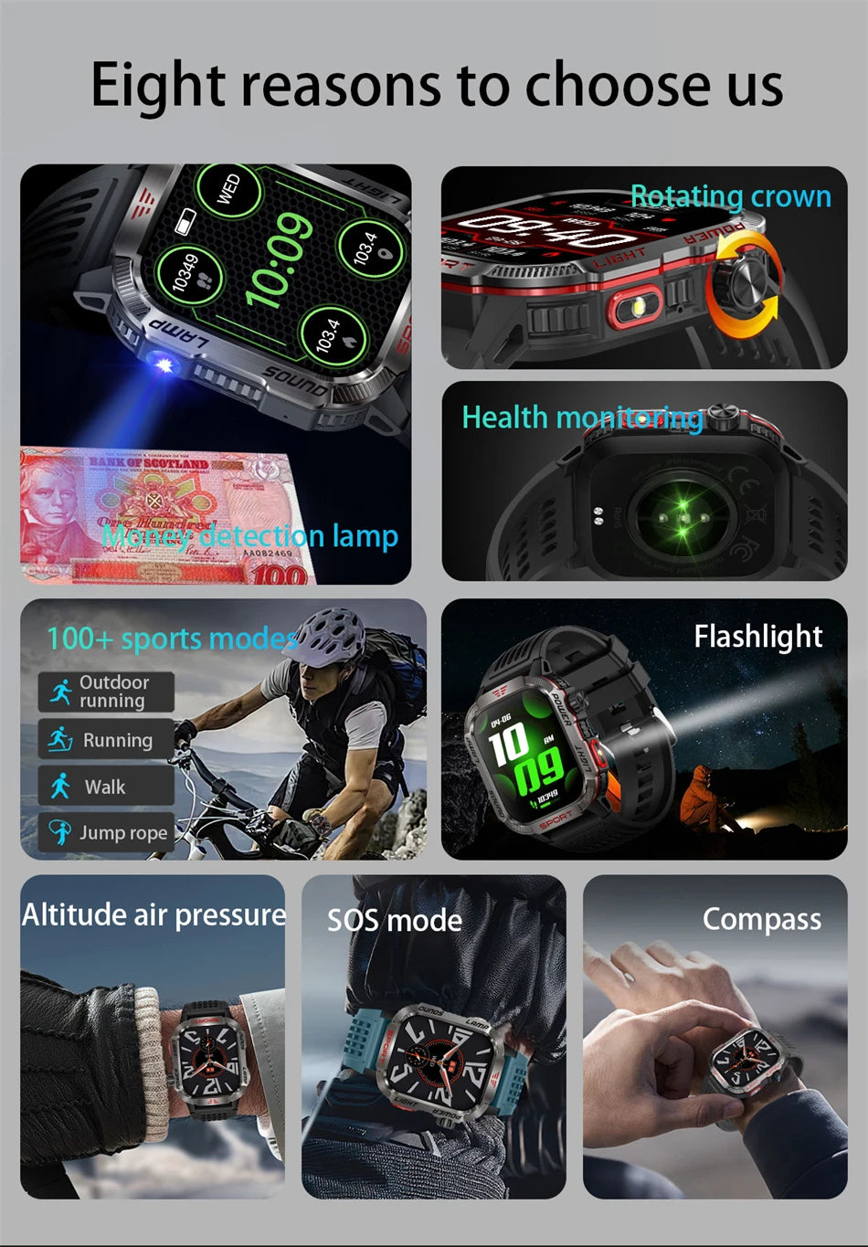 Smartwatch Deportivo Militar con Linterna y Llamadas Bluetooth – Batería 600mAh y Diseño Resistente