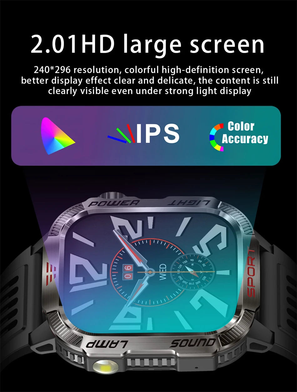 Smartwatch Deportivo Militar con Linterna y Llamadas Bluetooth – Batería 600mAh y Diseño Resistente