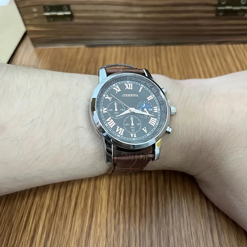 Reloj Hombre Geneva Clásico – Correa de Cuero, Diseño Elegante con Números Romanos