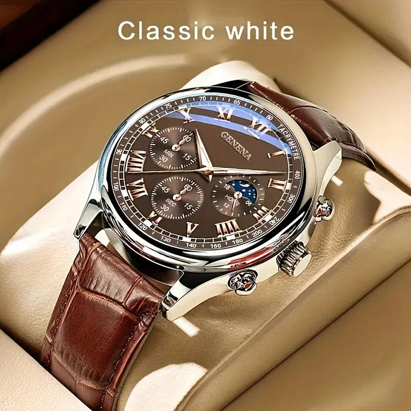 Reloj Hombre Geneva Clásico – Correa de Cuero, Diseño Elegante con Números Romanos
