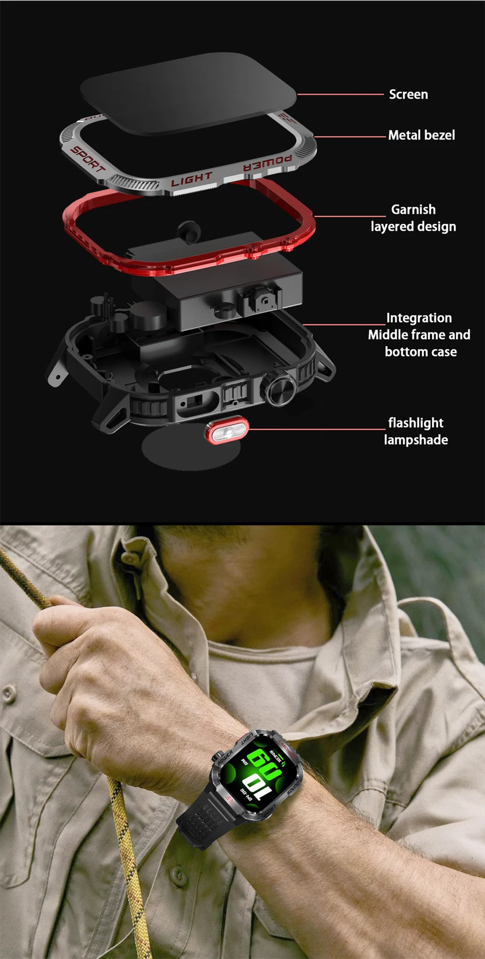 Smartwatch Deportivo Militar con Linterna y Llamadas Bluetooth – Batería 600mAh y Diseño Resistente