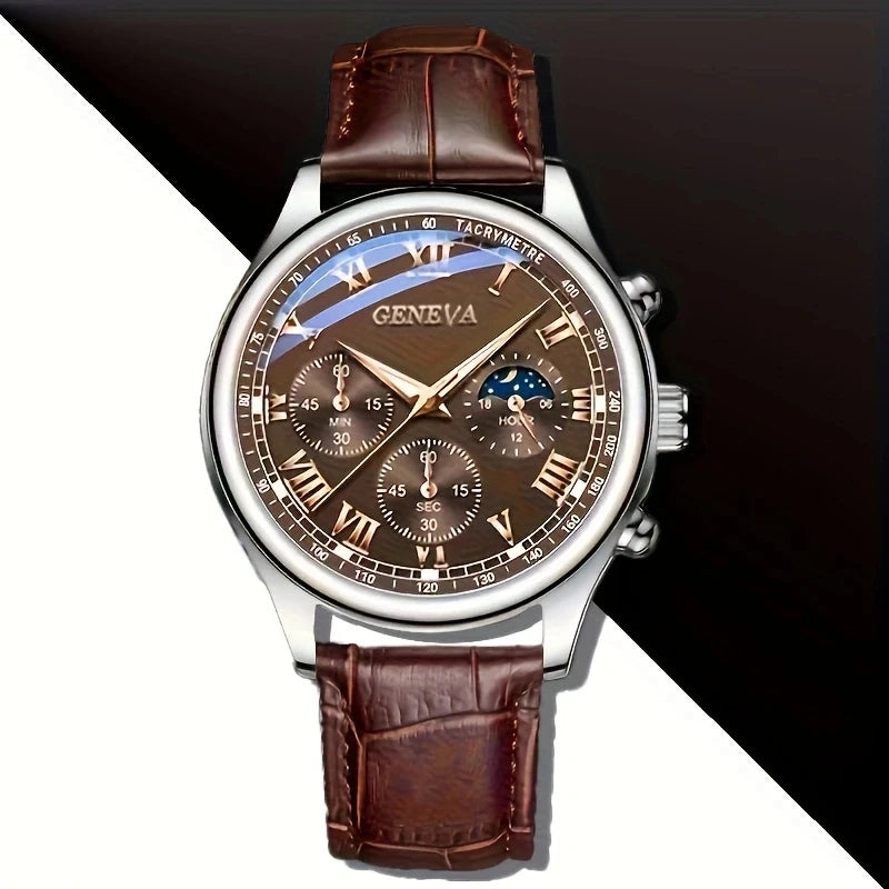 Reloj Hombre Geneva Clásico – Correa de Cuero, Diseño Elegante con Números Romanos