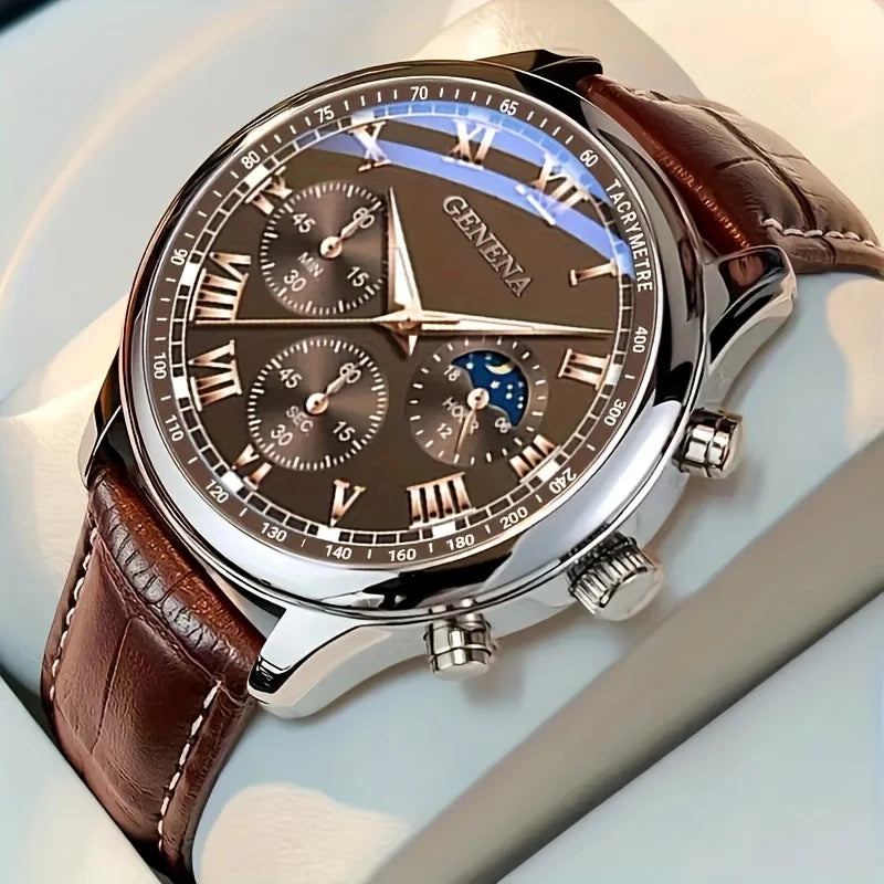 Reloj Hombre Geneva Clásico – Correa de Cuero, Diseño Elegante con Números Romanos