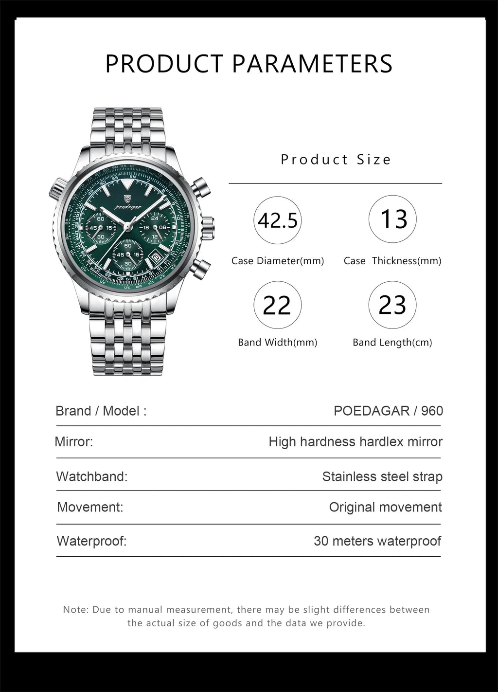 Reloj Hombre POEDAGAR 960 – Acero Inoxidable, Elegante, Cronógrafo y Resistente al Agua