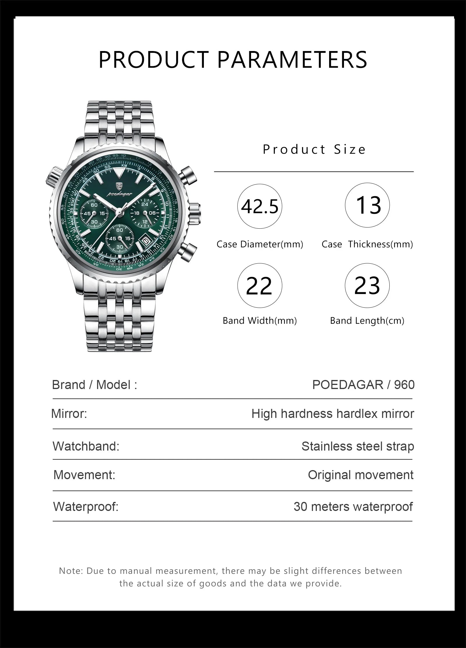 Reloj Hombre POEDAGAR 960 – Acero Inoxidable, Elegante, Cronógrafo y Resistente al Agua
